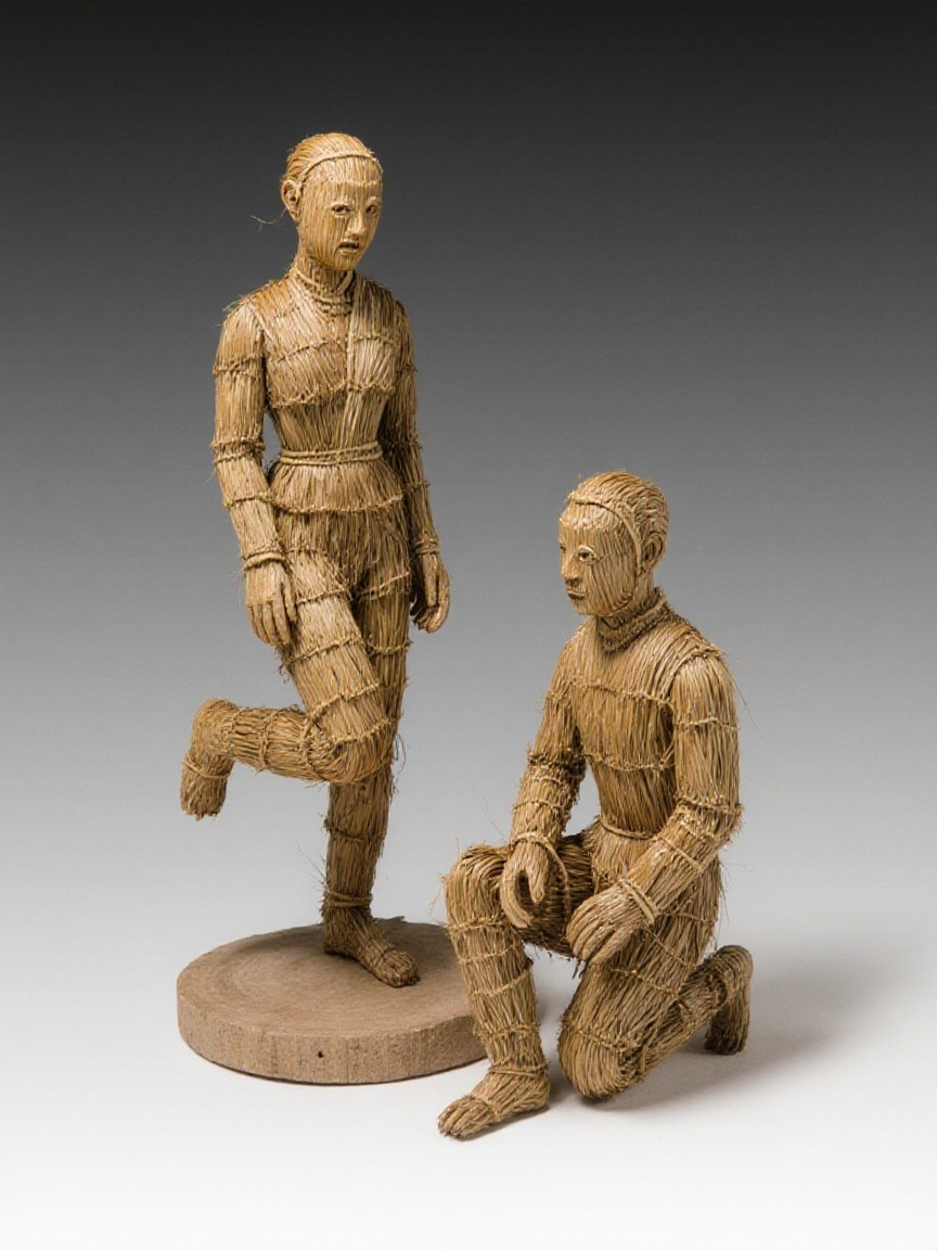 Intricately Woven Figures on Circular Wooden Base