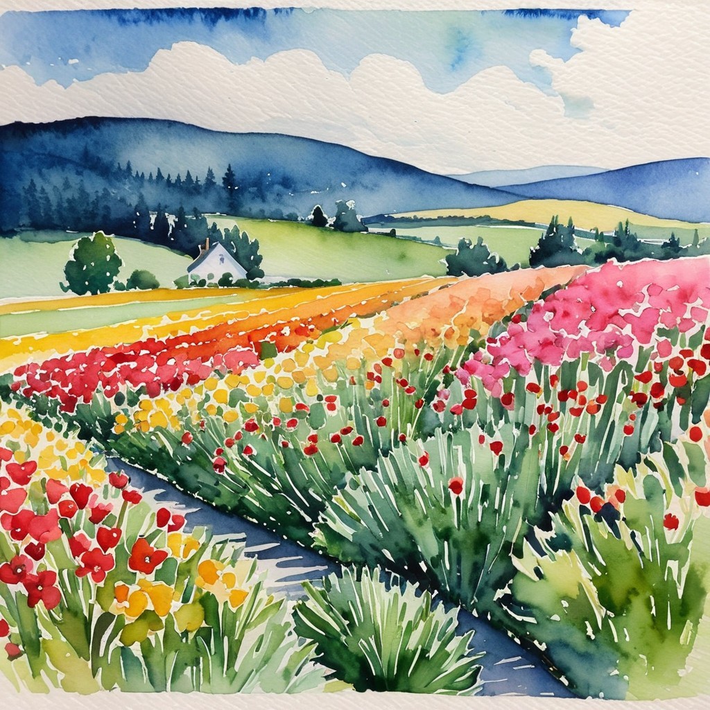 Vibrant Watercolor of Hills and Colorful Flower Fields
