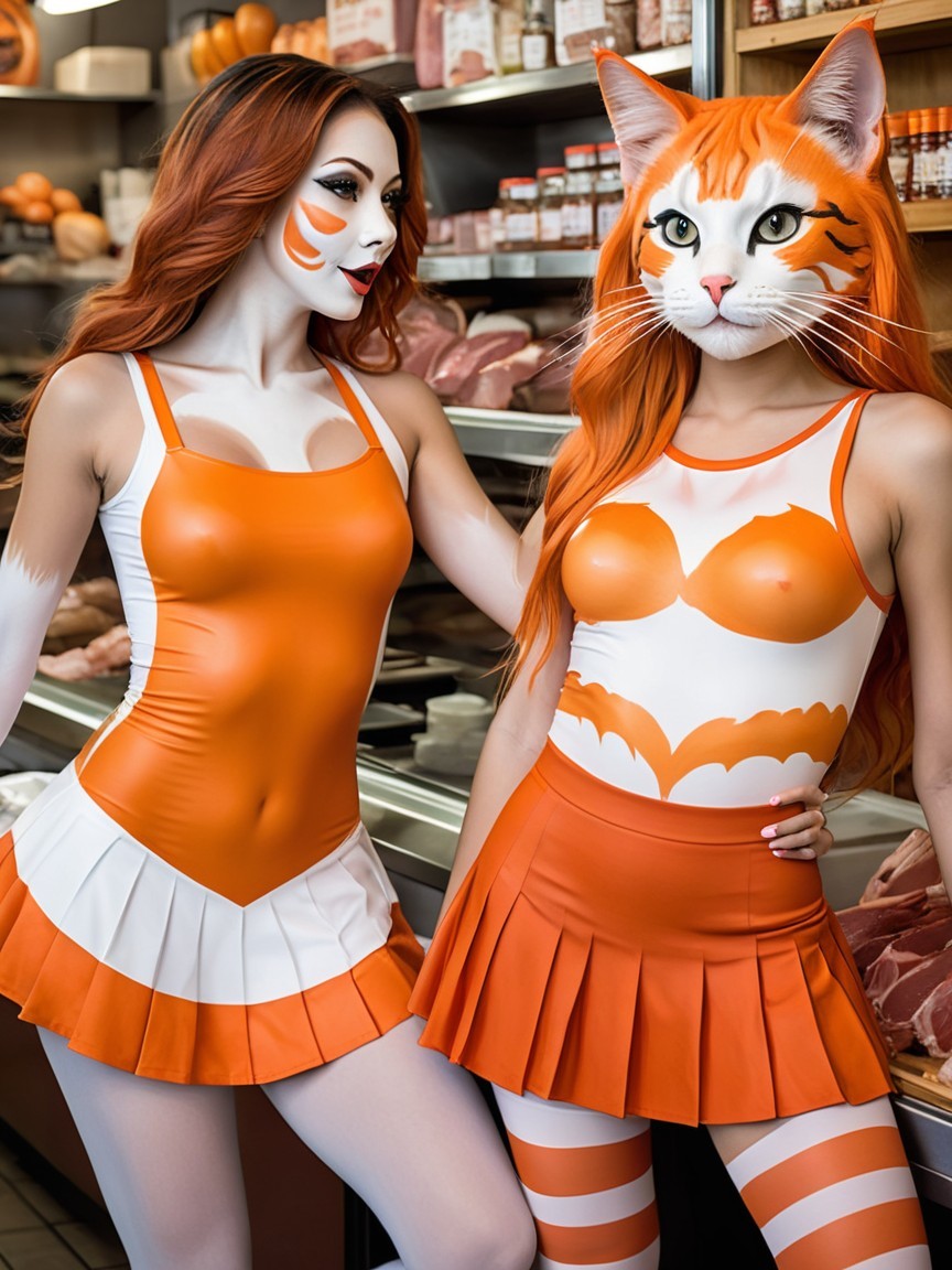 Models in Cat-Inspired Outfits in Butcher Shop Setting
