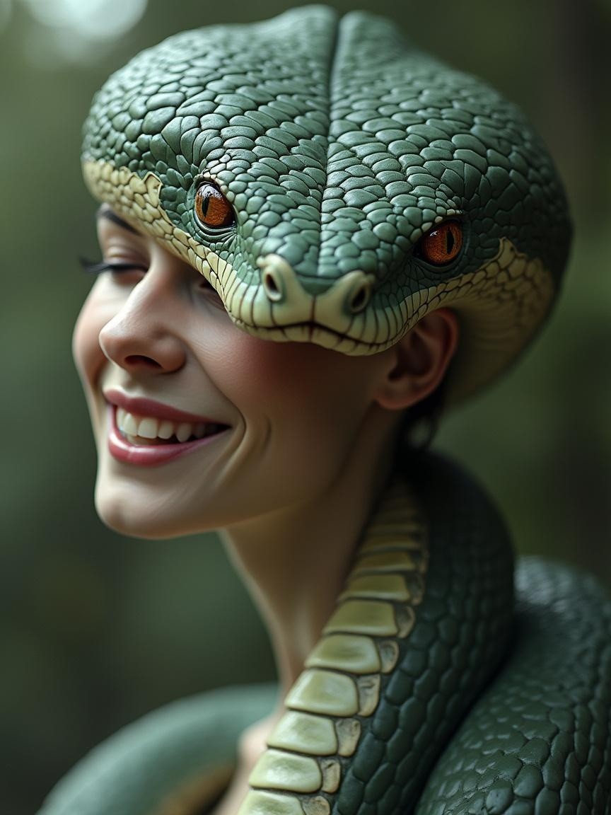 Surreal Woman with Green Snake and Playful Smile