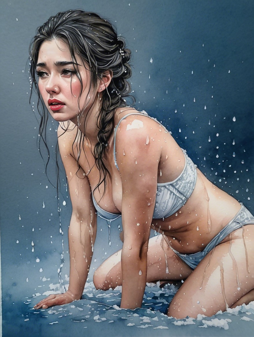 Watercolor Painting of a Woman in Shallow Water