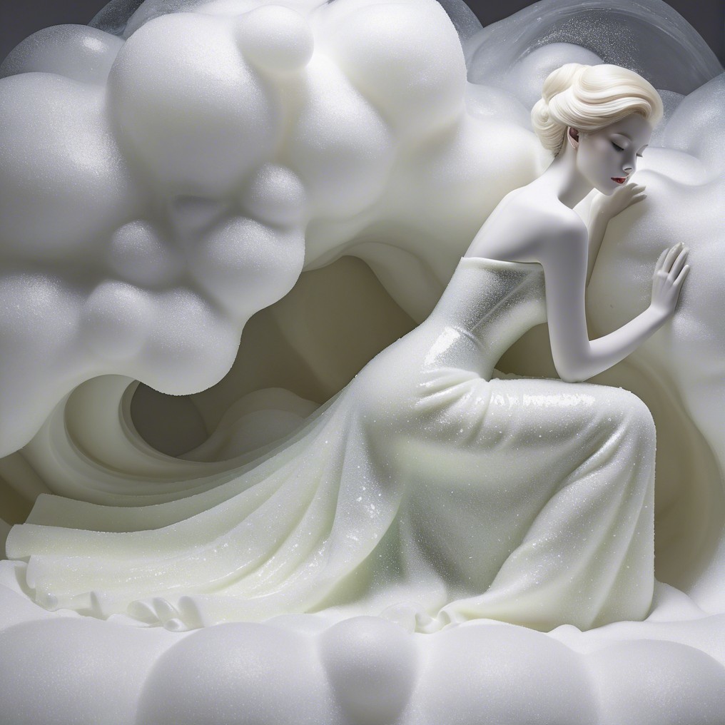 Ethereal figure in gown resting among soft clouds