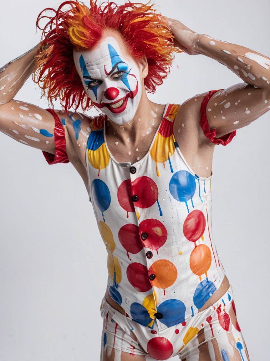 Vibrant Clown in Colorful Polka Dot Outfit and Pose
