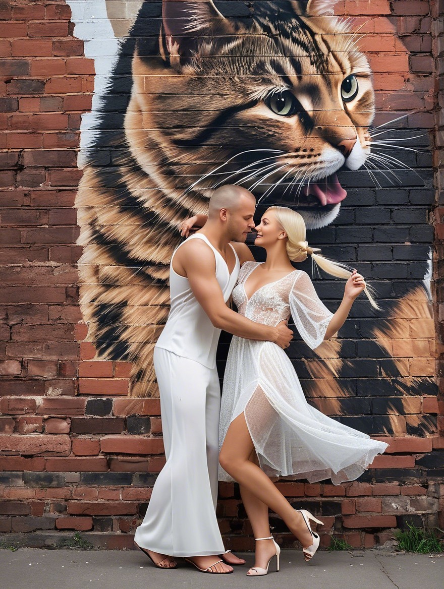 Couple Embracing Before Colorful Cat Mural