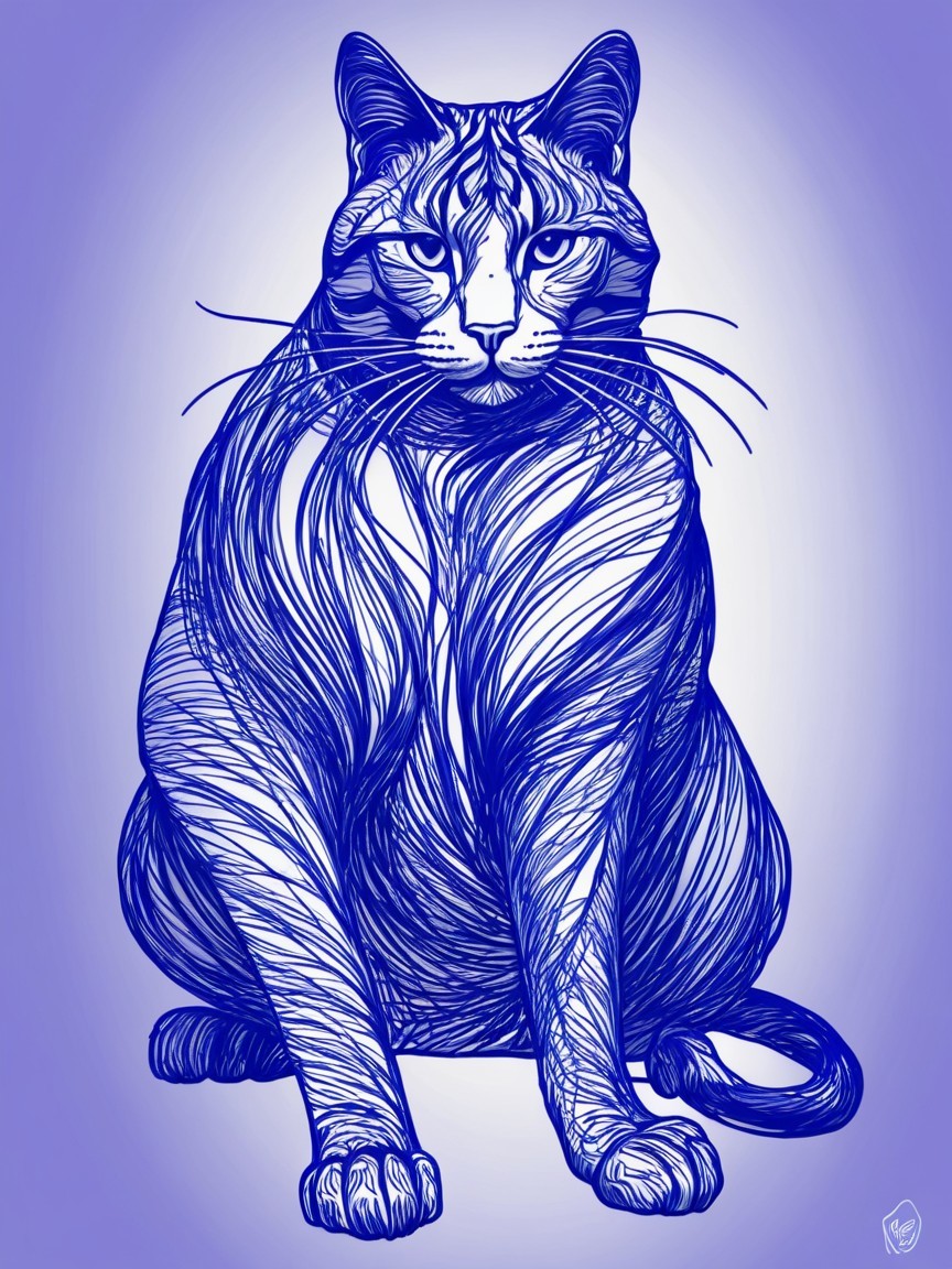 Intricate Blue Line Illustration of a Cat