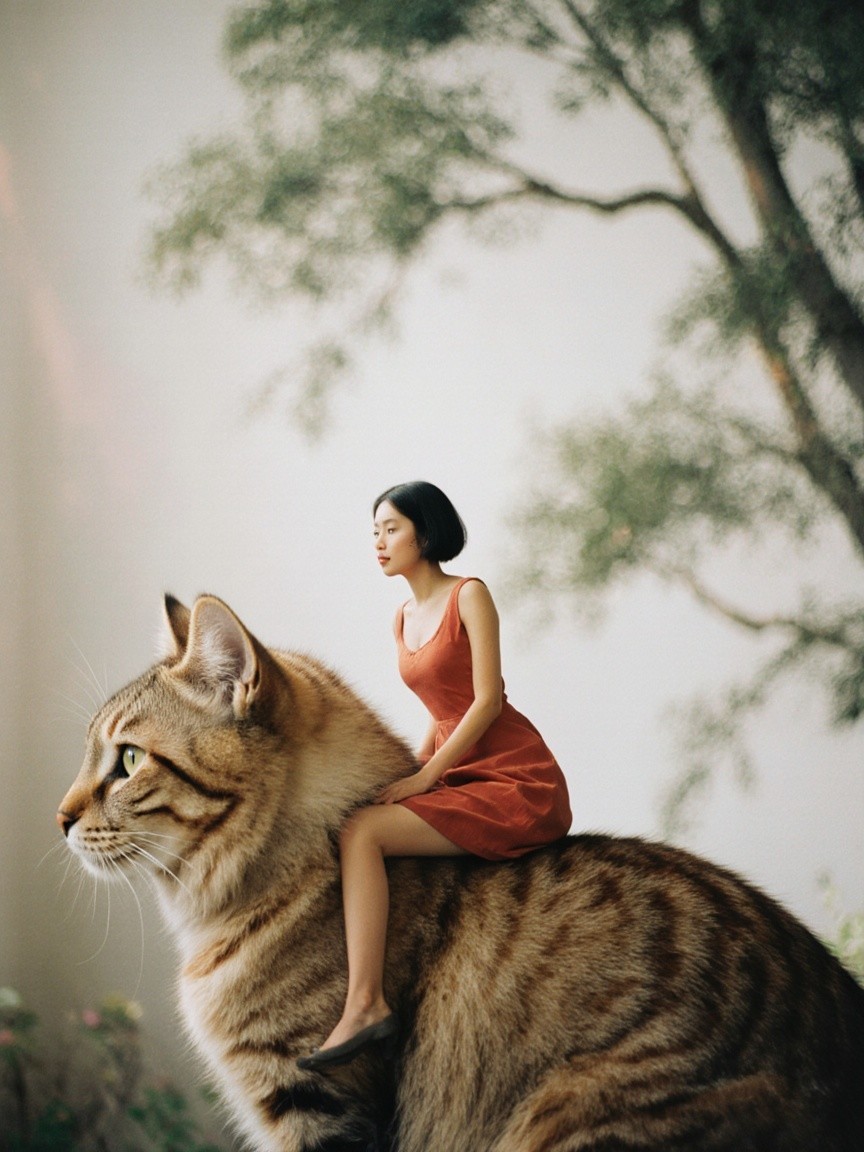 Whimsical Scene of Woman in Red Dress on Tabby Cat