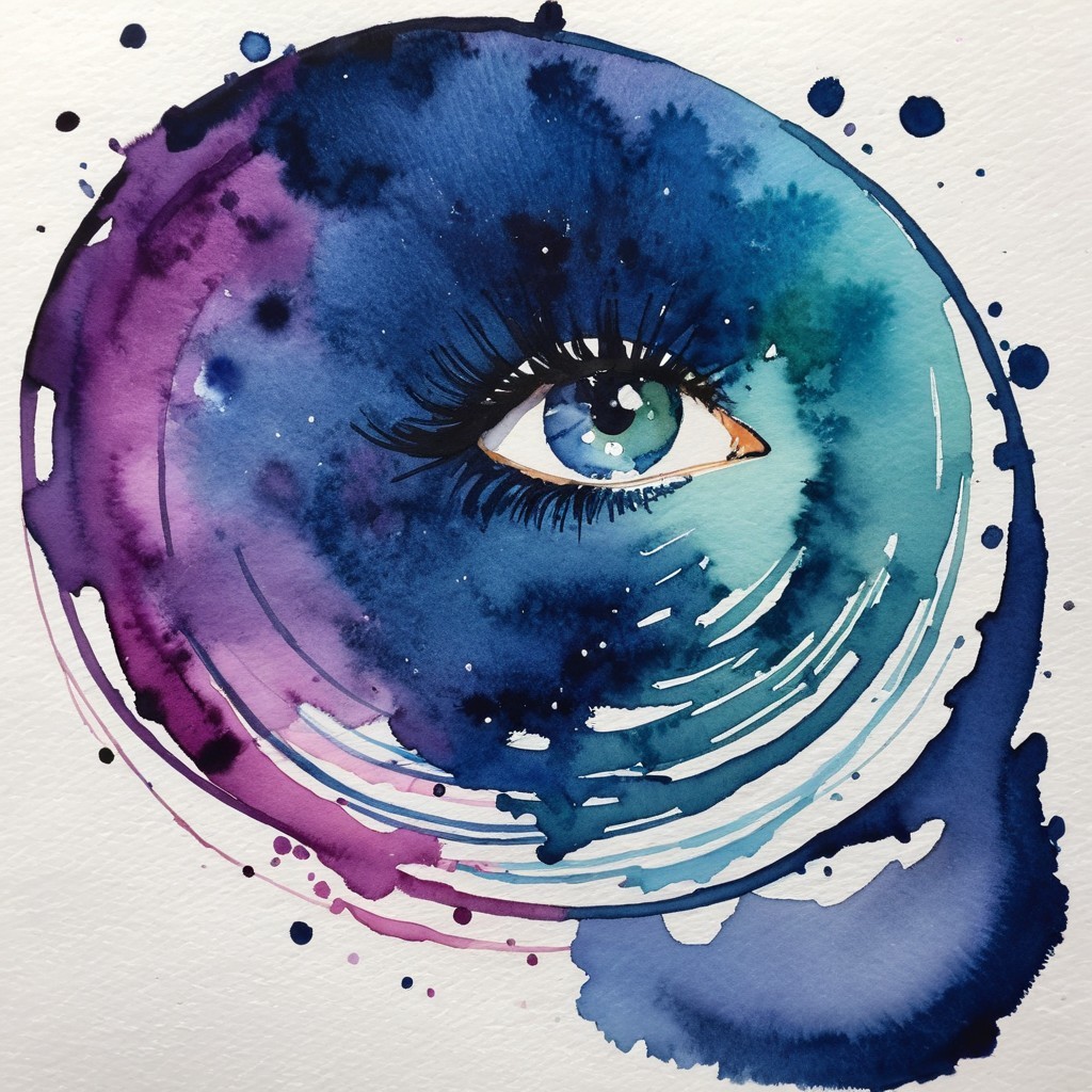 Watercolor Painting of an Eye in Deep Blues and Purples
