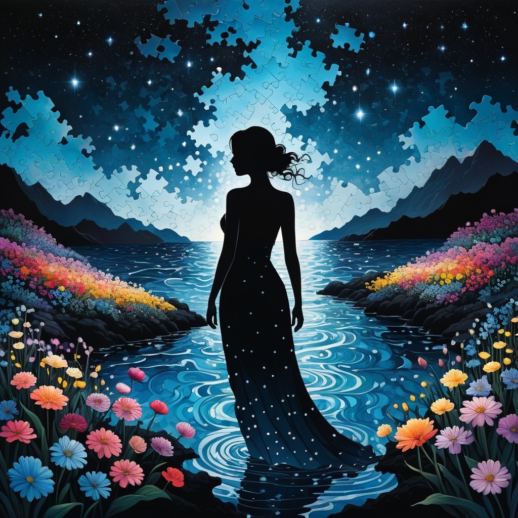 Silhouette of a Woman by a Shimmering River at Night