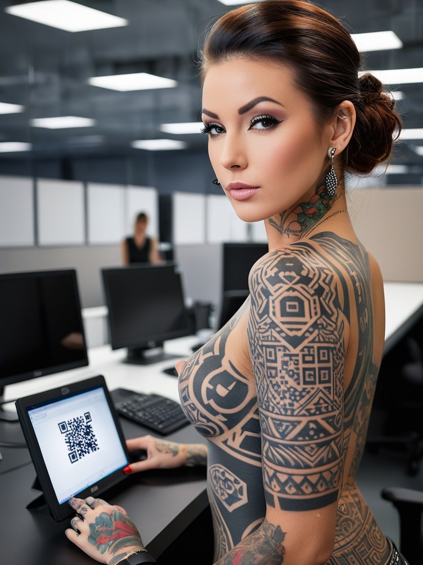 Woman with tattoos in a modern office setting