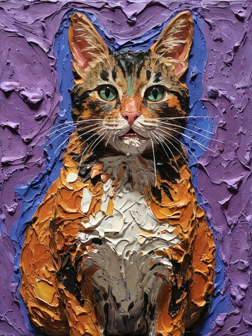 Vibrant Textured Painting of a Colorful Cat