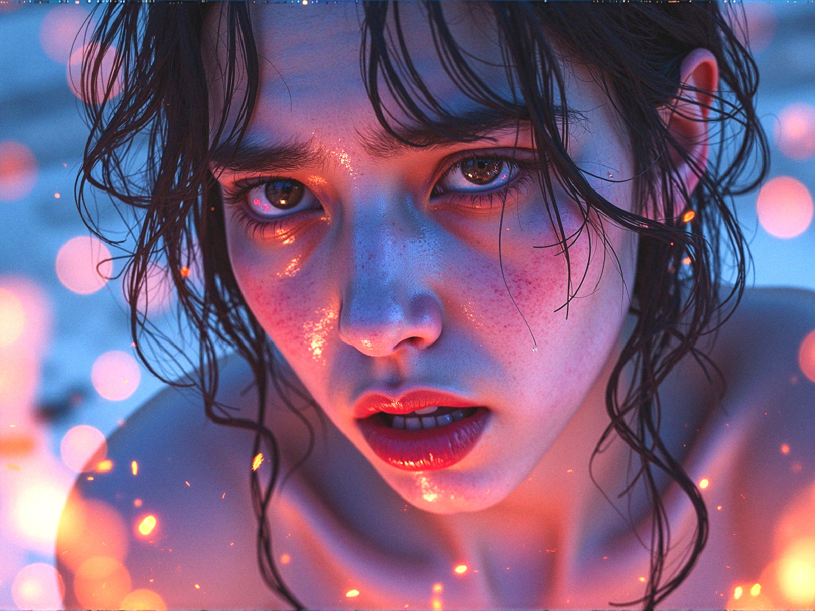 Close-Up of a Young Woman with Blue Eyes and Glowing Skin
