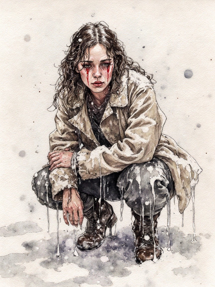 Somber Young Woman in Snowy Landscape with Tears