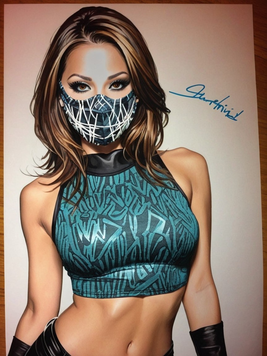 Stylized female figure in patterned crop top and mask