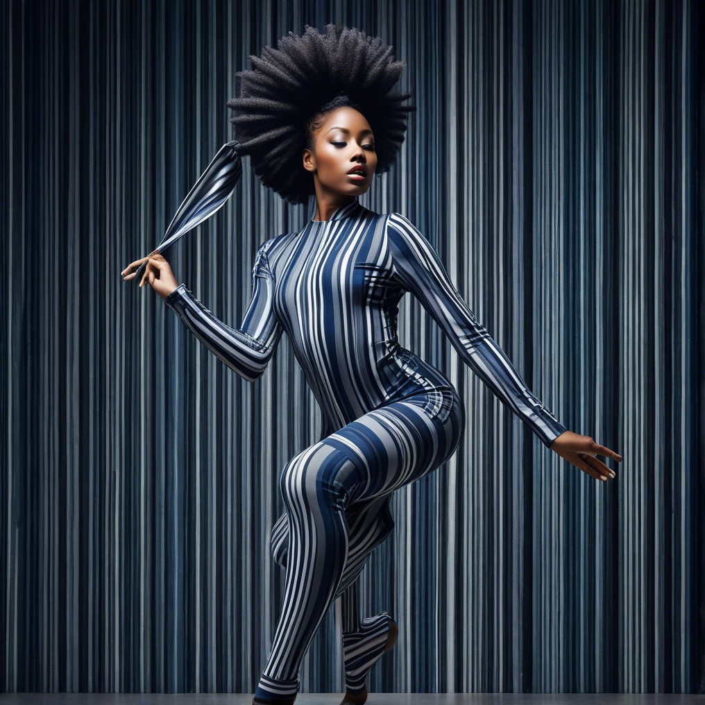 Model in Striped Bodysuit Against Blue and Gray Stripes