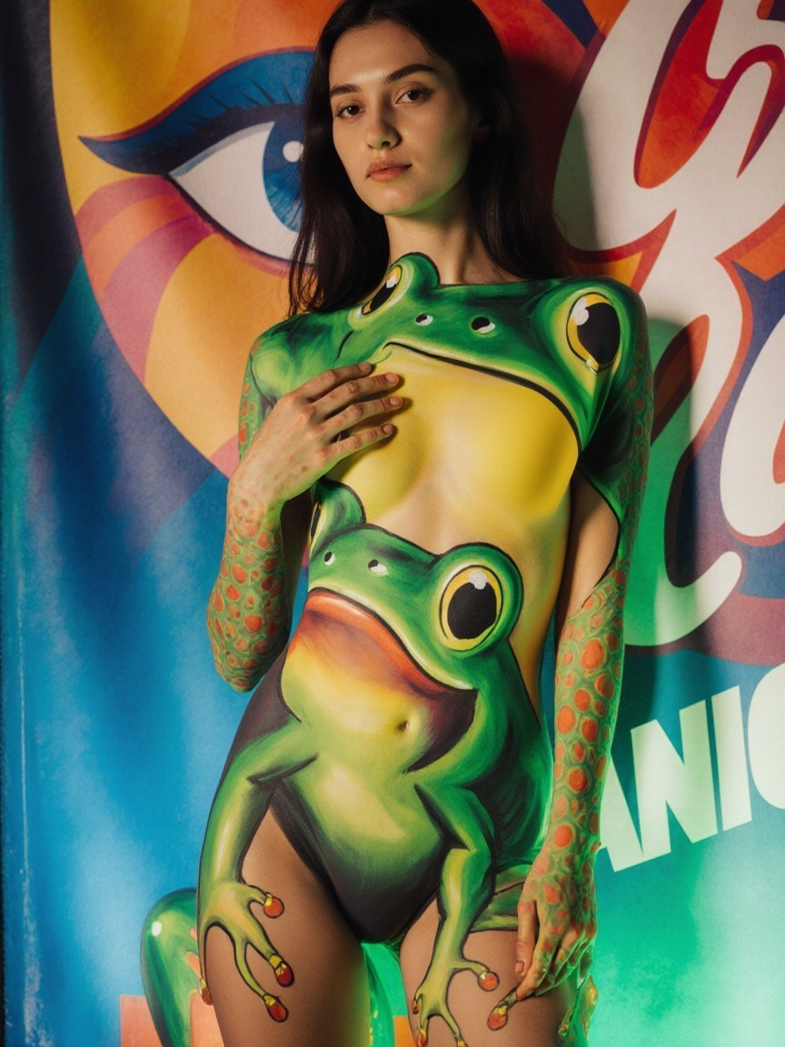 Model in Vibrant Frog Design Bodysuit Against Colorful Background