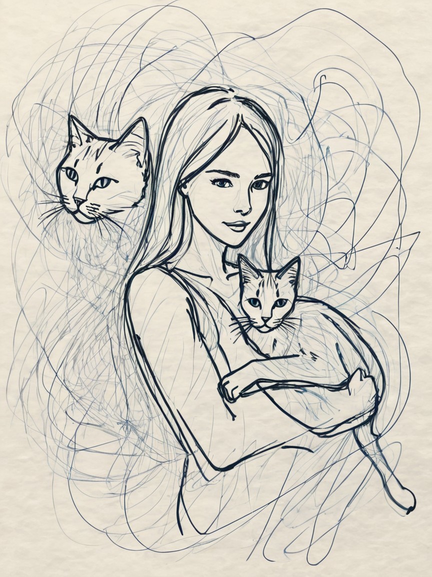 Line Drawing of Woman with Cat and Whimsical Background