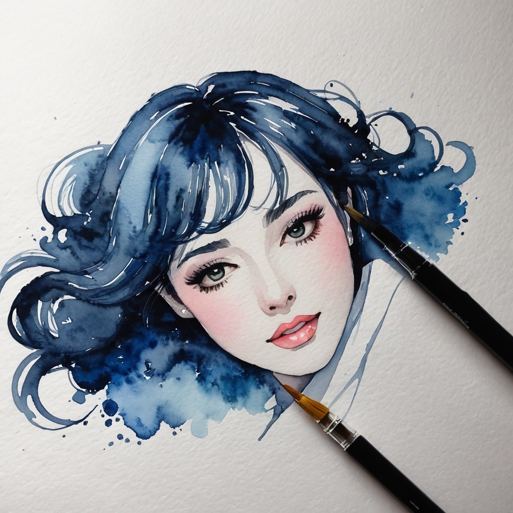 Watercolor Painting of a Young Woman with Blue Hair