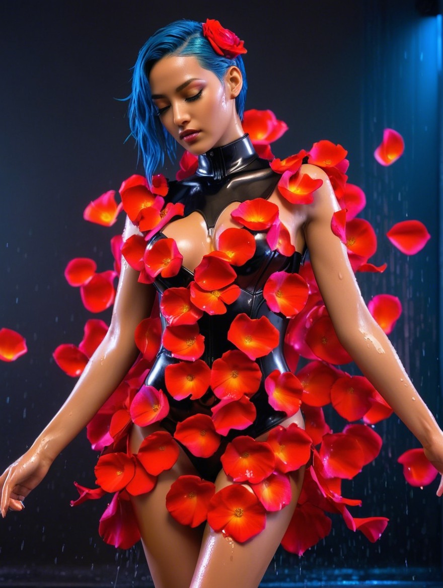Figure in black outfit with red rose petals and blue hair
