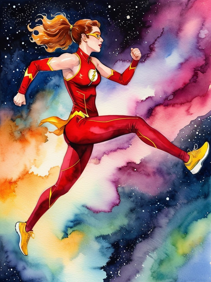 Female superhero in red costume amid colorful galaxy