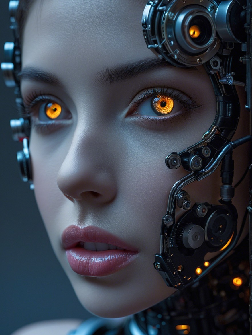 Close-Up Portrait of a Cyborg Woman with Orange Eyes