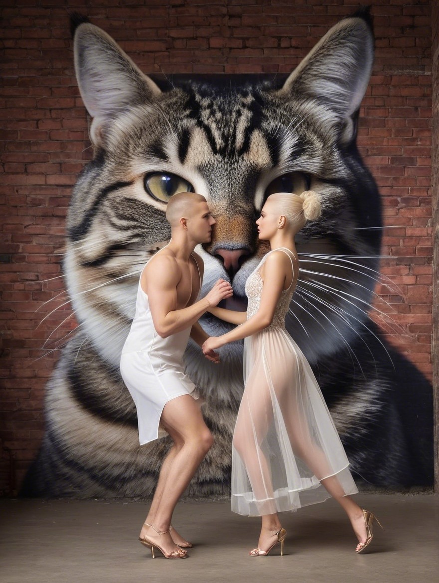 Models Posed Dramatically Against Colorful Cat Mural