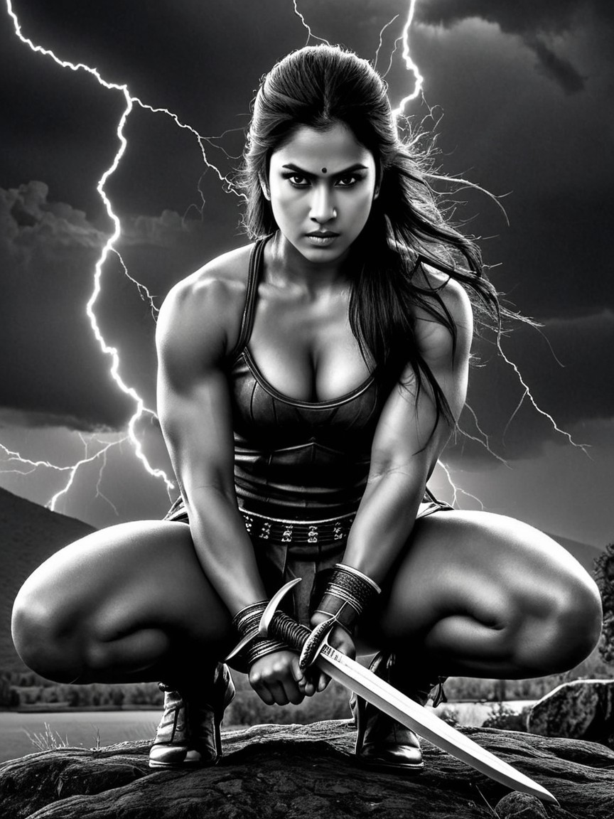 Warrior in Dark Outfit on Rocky Surface with Sword