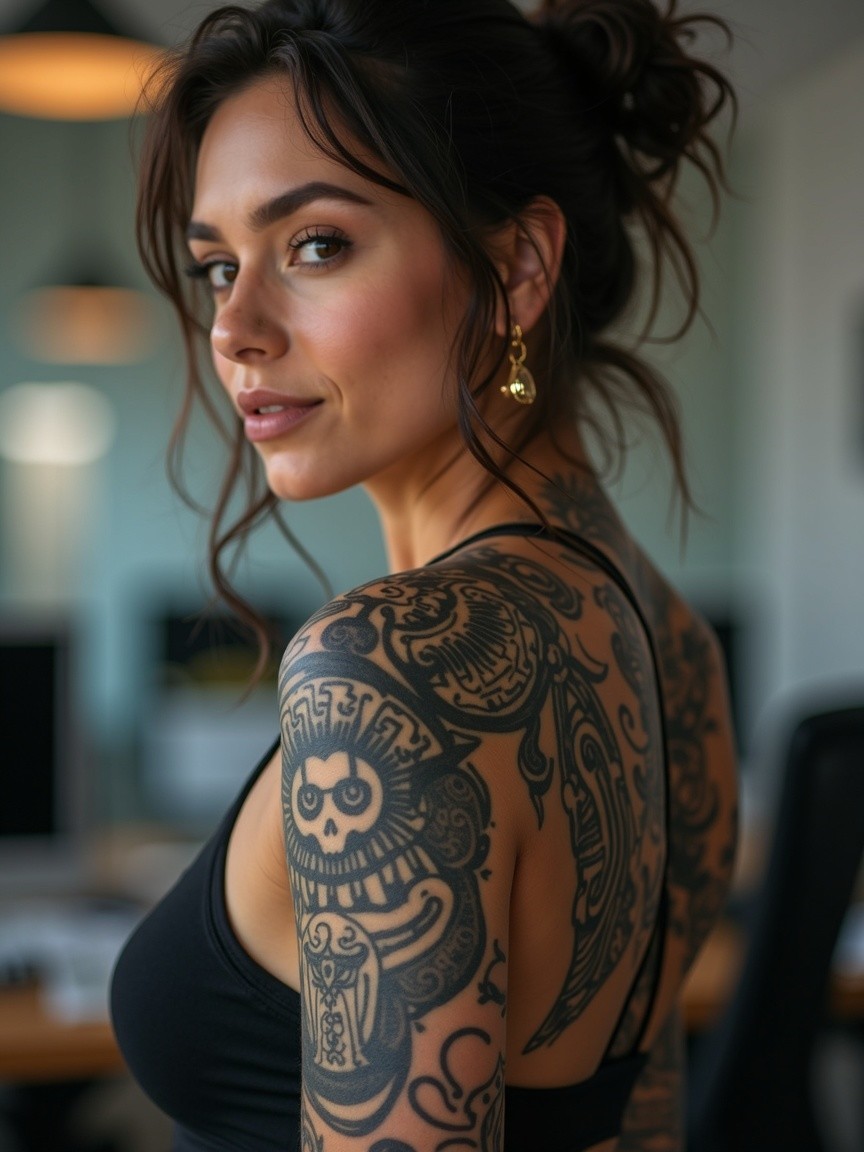 Woman with Tattoo in Modern Workspace Setting