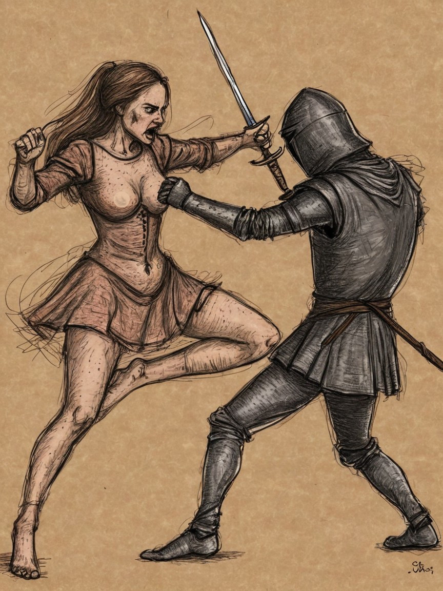 Battle Scene Between Woman and Armored Knight