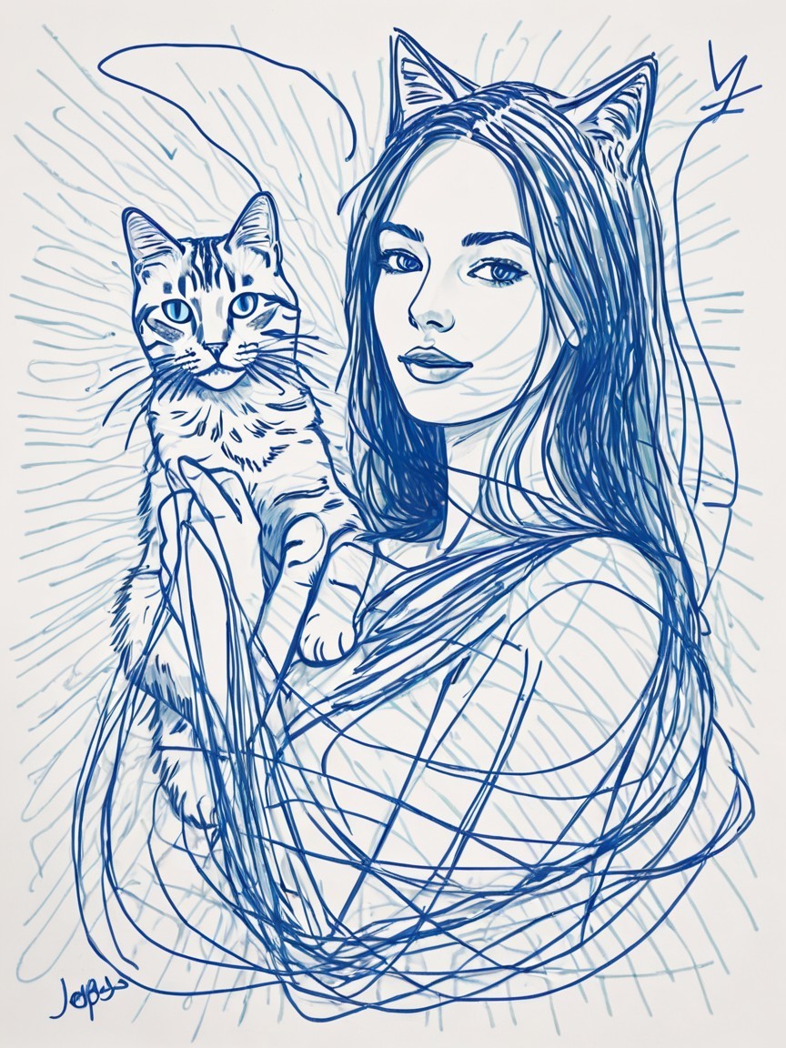 Stylized Blue Line Drawing of Woman with Cat