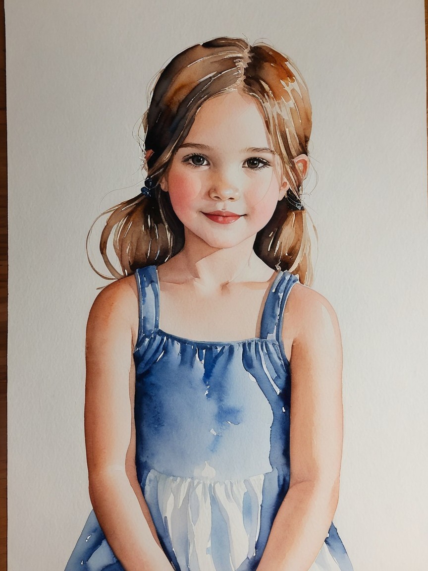 Watercolor Portrait of a Young Girl in Blue Dress
