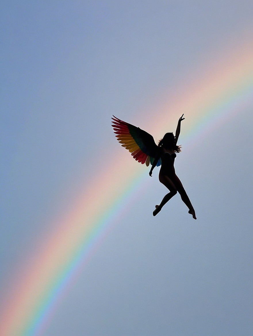 Silhouette with Colorful Wings Against Rainbow Sky