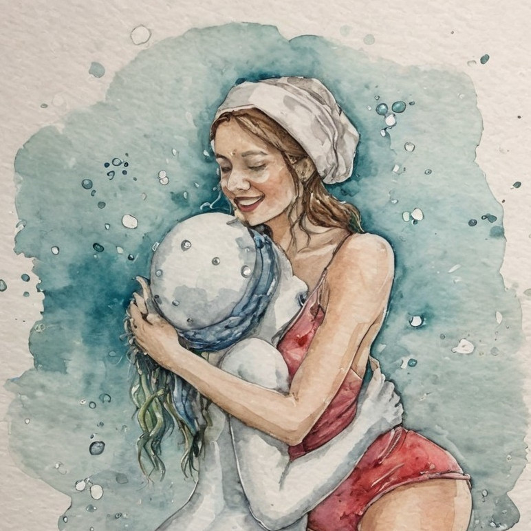 Watercolor Painting of Woman Embracing Mermaid Figure