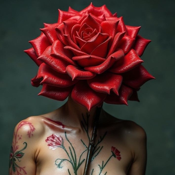 Person with Oversized Red Rose Head and Floral Tattoos