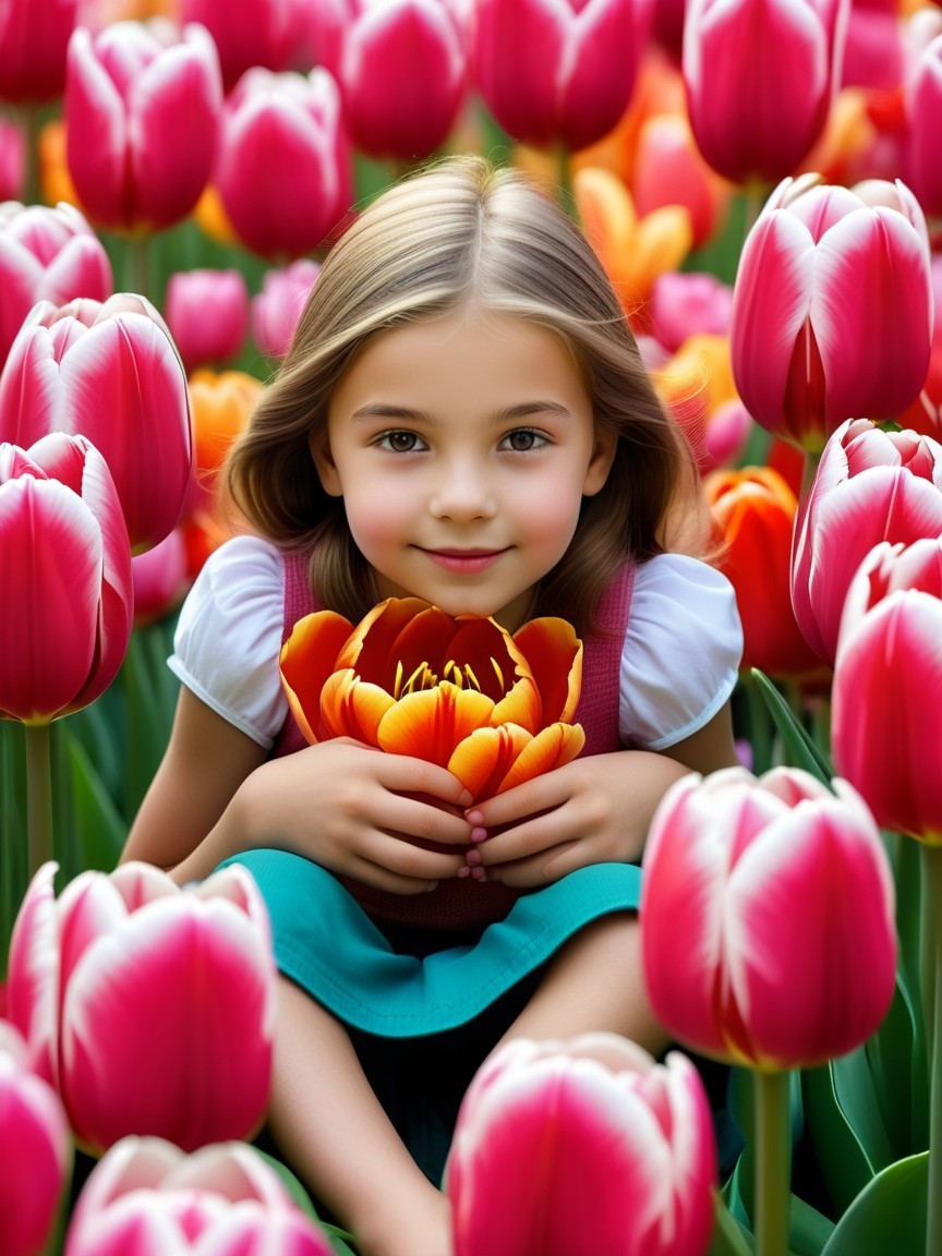 Young girl in colorful outfit among vibrant tulips