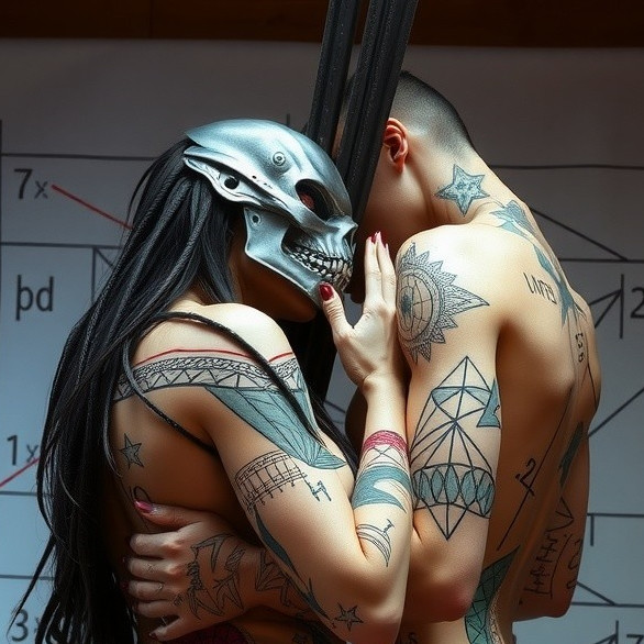 Close Embrace with Skull Mask and Tattoos in Art Scene