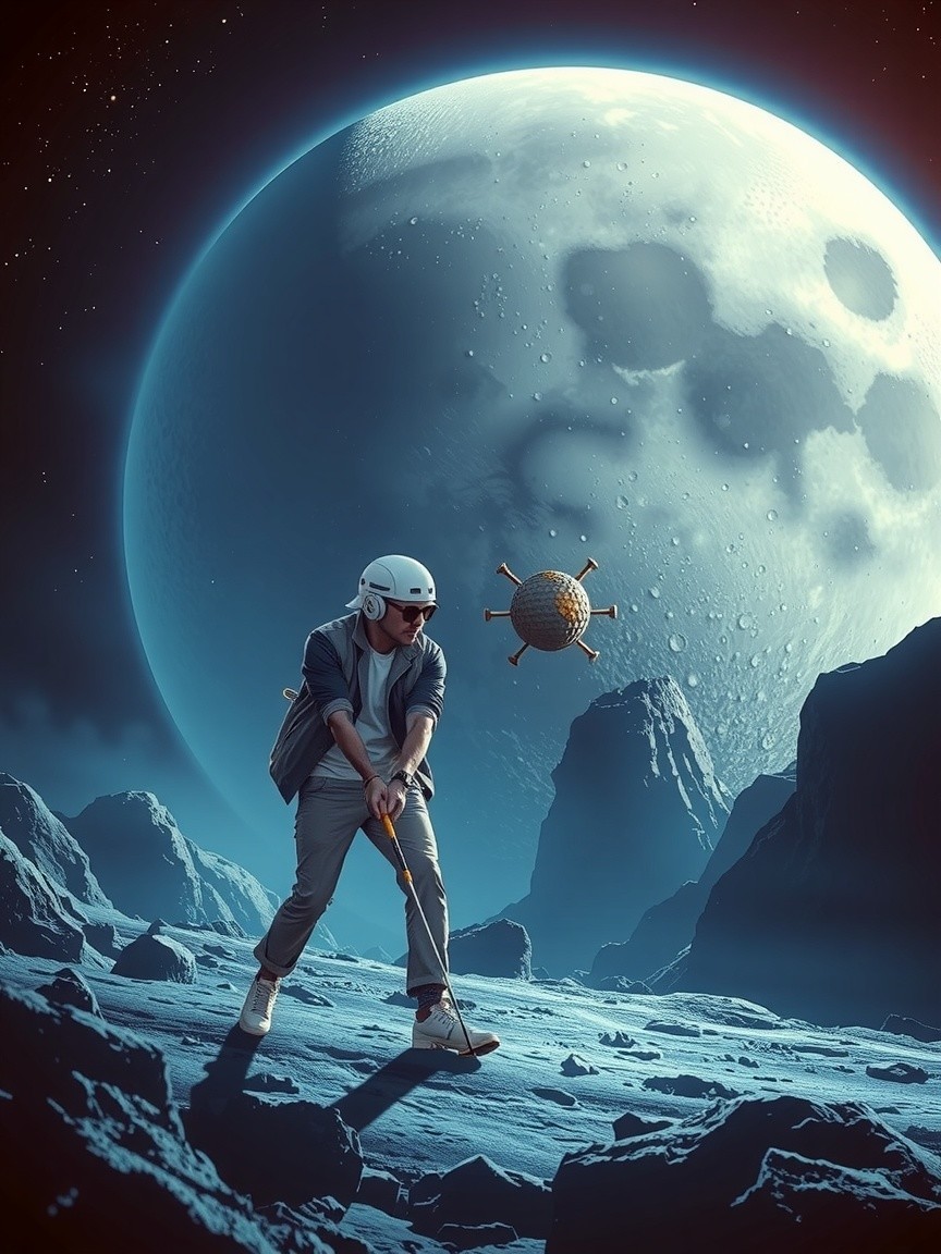 Person in spacesuit on lunar surface with golf club
