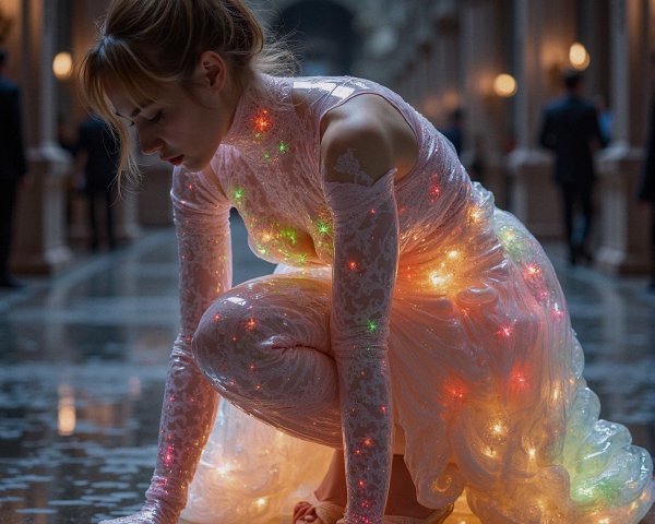 Woman in glowing gown in elegant architectural setting