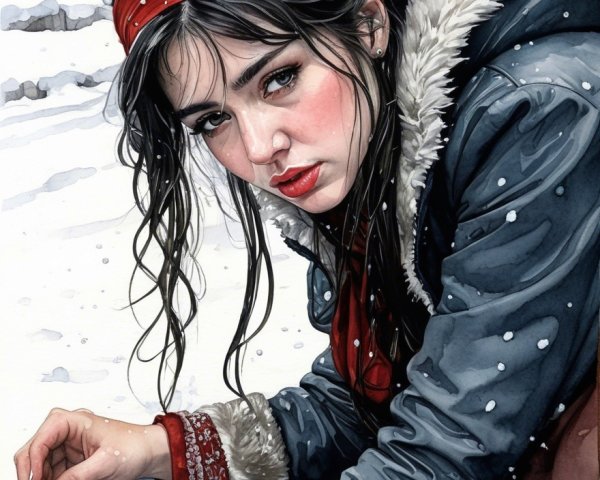 Young Woman in Navy Coat in Snowy Winter Landscape
