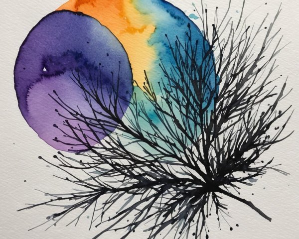 Watercolor Artwork with Vibrant Gradient and Branches