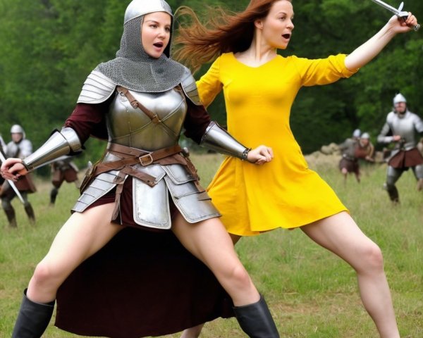 Women in Armor and Dress in Grassy Field Scene