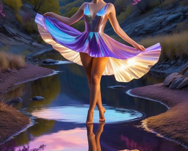 Young woman in iridescent dress by tranquil stream