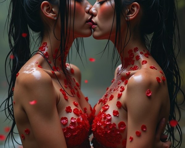 Intimate embrace of women in a misty, floral setting