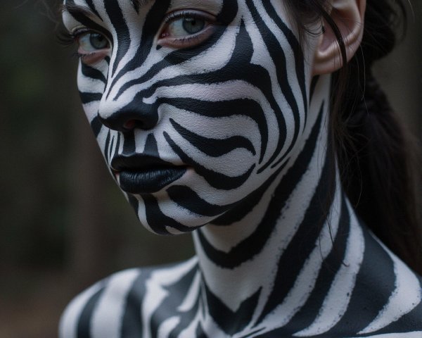Zebra-Themed Body Paint in a Forest Setting