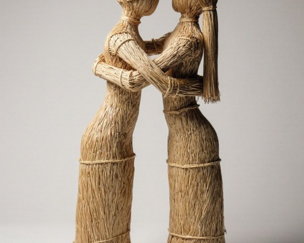 Intricately Crafted Straw Figures in Affectionate Embrace