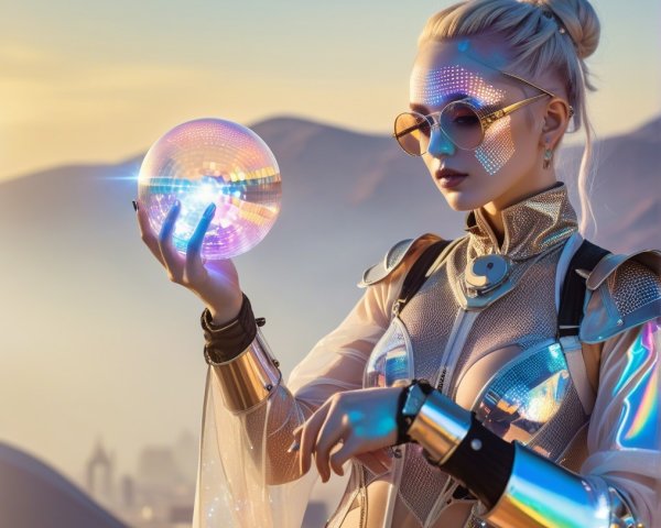 Futuristic Figure with Disco Ball in Sunset Scene
