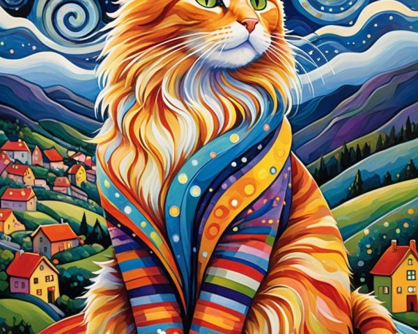 Vibrant Orange Cat Against Starry Night Landscape