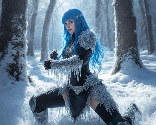 Female Cosplayer in Snowy Forest with Icy Armor