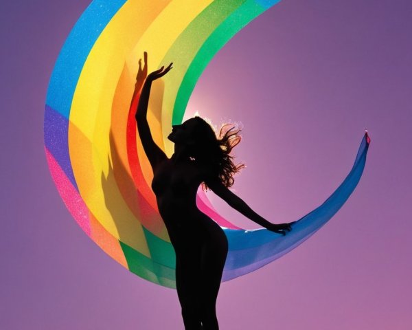 Silhouette of a Dancer with Colorful Ribbon at Sunset