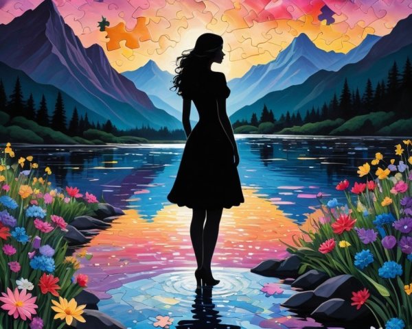 Silhouette by Lake with Sunset and Floating Puzzle Pieces
