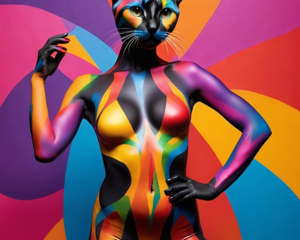 Vibrant Body Paint with Cat Face and Geometric Patterns